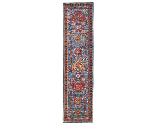12 Ft Blue Aryana Afghan Hand Knotted Veg Dye Wool Runner Rug